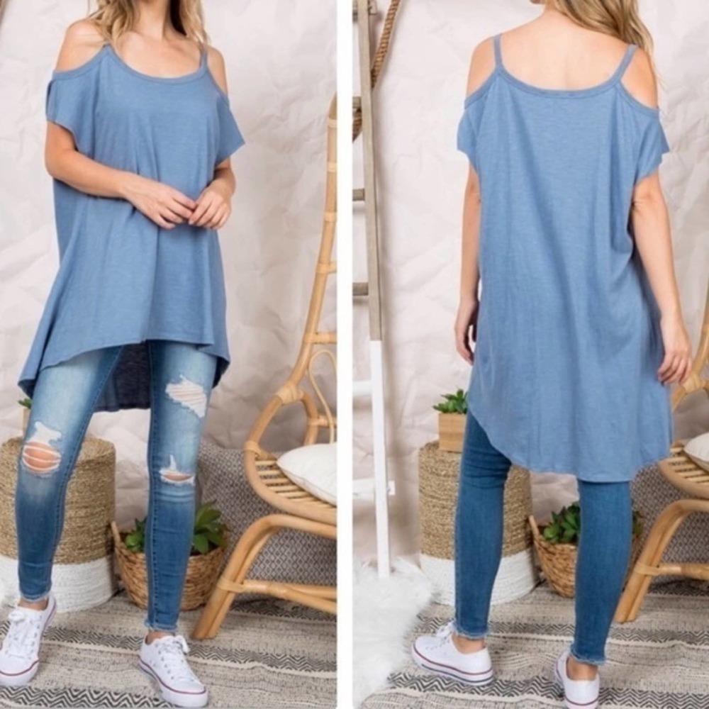 Blue Cotton Cold Shoulder Tunic Top Made in USA - Picture 4 of 4